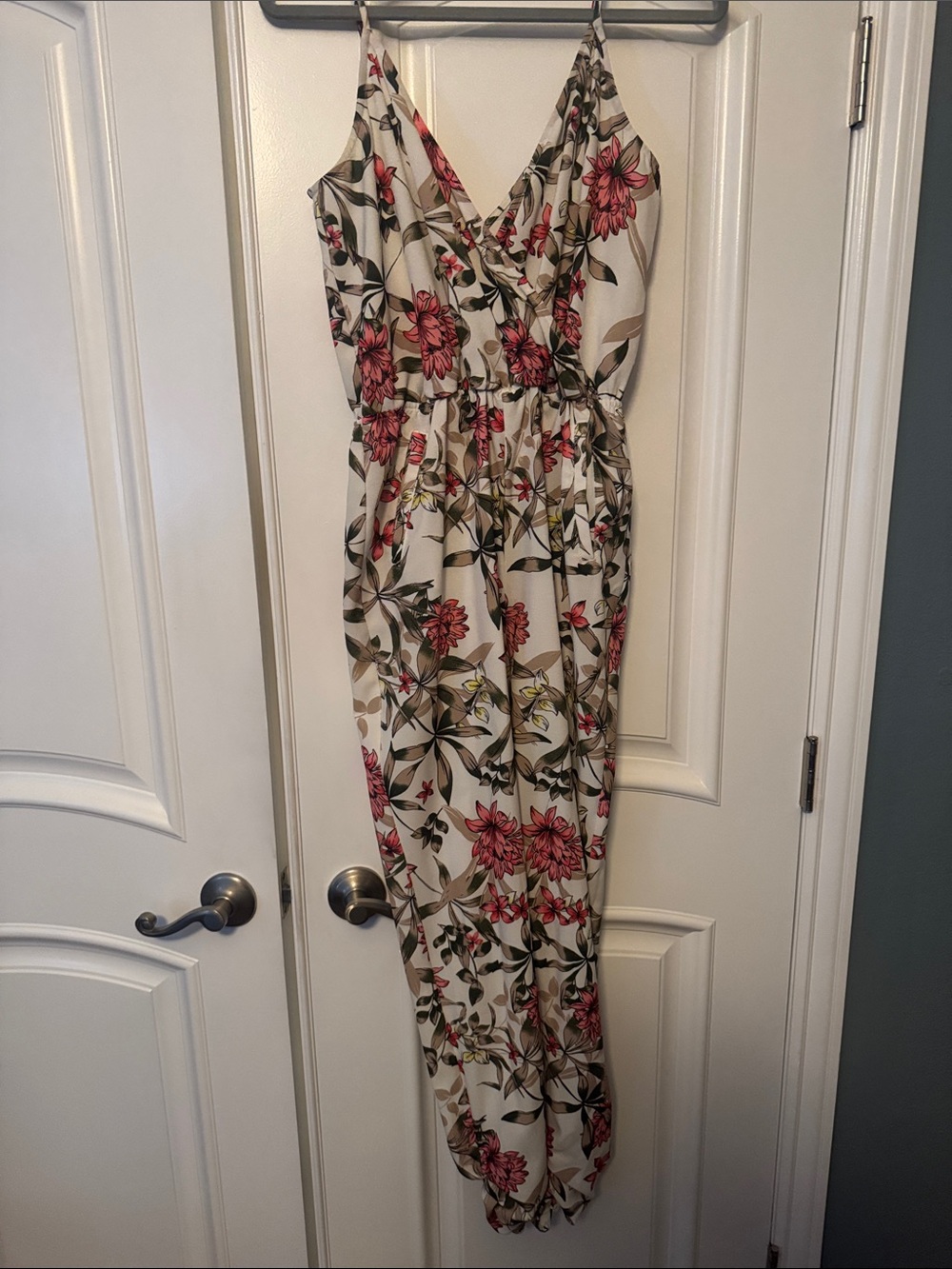 Material Girl Cream Maxi Jumpsuit with Pink Floral Print